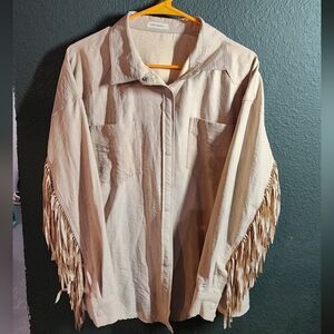 Beige Fringe Button-Up Shirt